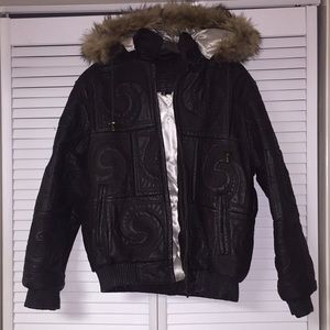 Brown leather bomber coat with fur hood